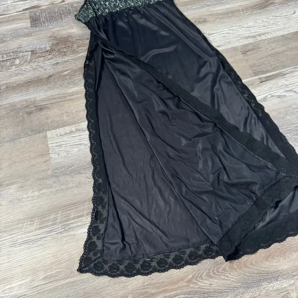 Vintage Black Sheer Lace Lingerie Slip Maxi Slit Soft Grunge Coquette Medium - Picture 3 of 7
